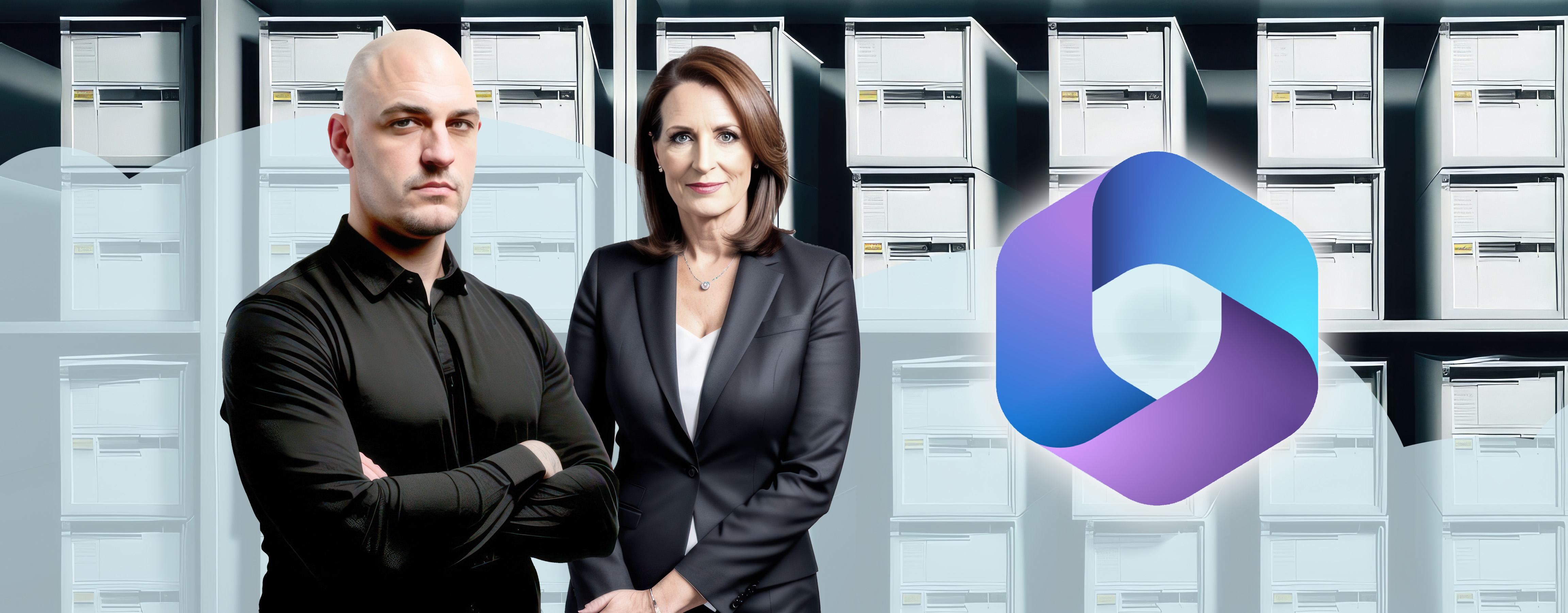 Two people standing in front of filing cabinets